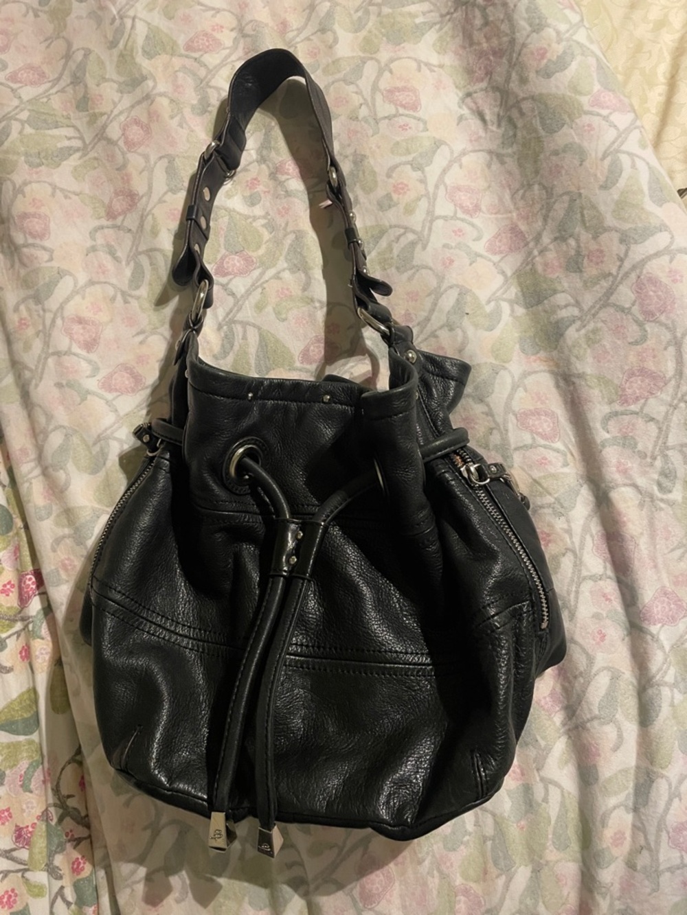 Black Leather Drawstring Shoulder Bag - Classic Women’s Purse